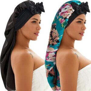 2-Pack Silk Sleep Bonnets – Black & Floral Satin with Tie Band for Curly Hair